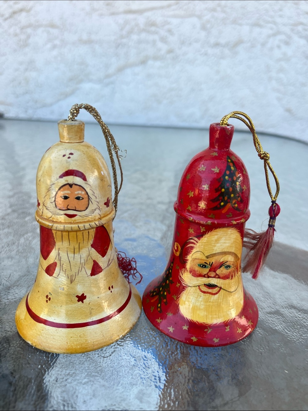 Vintage Hand-Painted Paper Mache Santa Bell Ornaments Set of 2